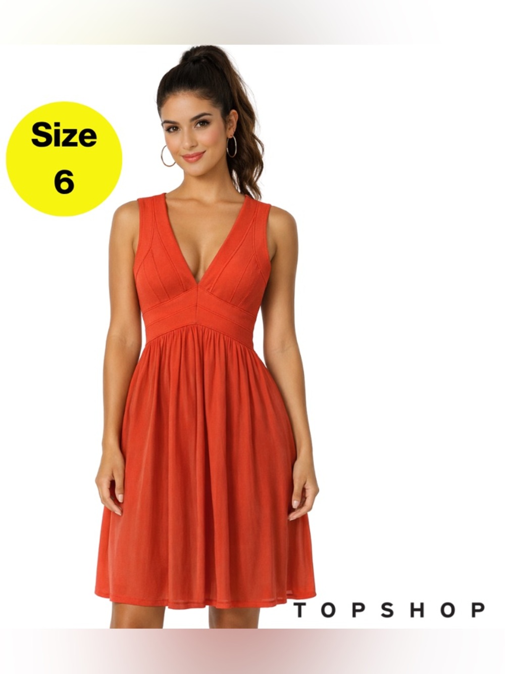 TOPSHOP 🧡 Coral Orange Deep V-Neck Sleeveless Midi Dress (Women’s Size 6)